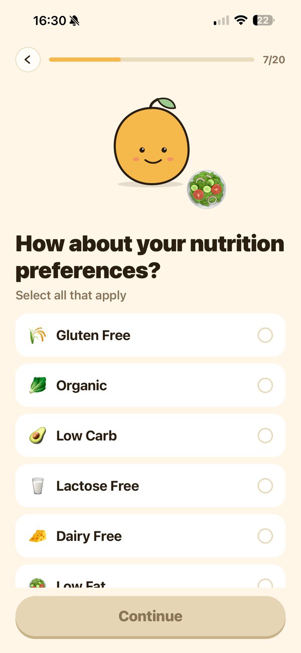 Selecting nutrition preferences in the Mango app