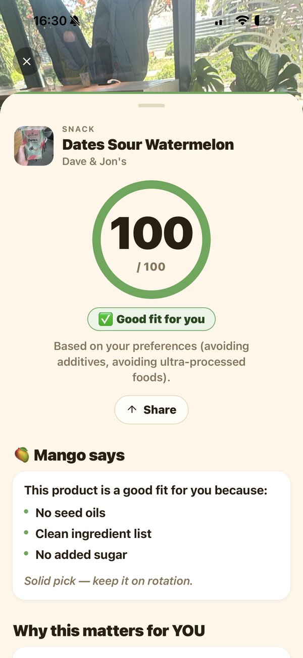 A personalized 100/100 score on a scanned product